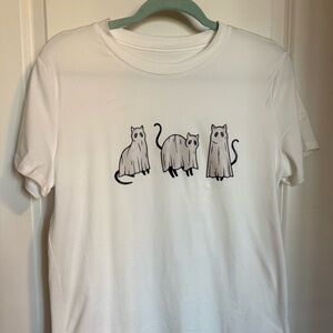 Women’s White Cat Ghost Print T-Shirt Size Medium NWOT